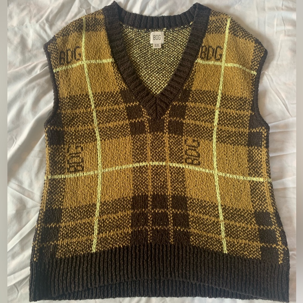 Urban Outfitters BDG Brown and Yellow Plaid Oversized V-Neck Sweater Vest